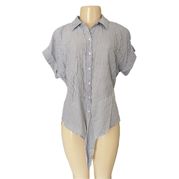 NWOT Jones New York Signature Striped Button‎ Down Tie Waist Short Sleeve Blouse - Picture 2 of 9